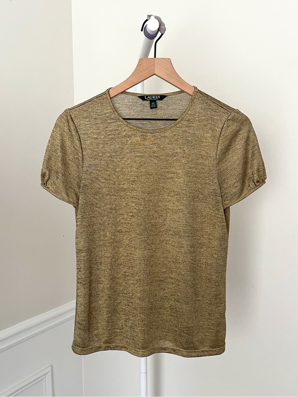 RALPH LAUREN Gold Metallic Knit Tee Top Short Sleeves Women’s Small